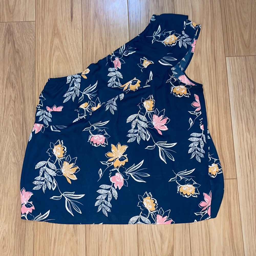 Ann Taylor Navy Blue One Shoulder Floral Blouse TBD R